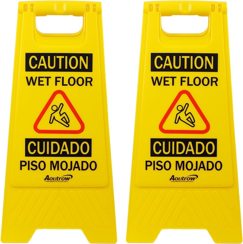 Aoutrow Caution Wet Floor Sign, （L:17.12in W:8.38in H:0.94in）2-Sided Foldable Safety Sign for Commercial Use, A Frame Caution Sign Bilingual Warning Signs, Yellow (yellow 2pack) - Image 1